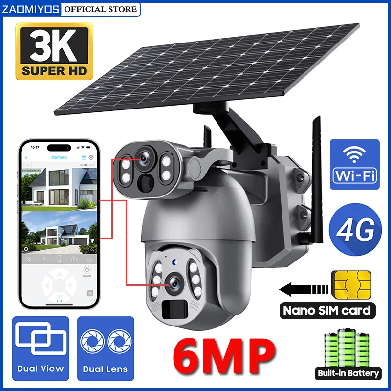 ZAOMIYOS 8MP 4G Solar Camera Outdoor Survalance Dual Screen Dual PIR Human Detect Auto Tracking 360° PTZ IP CCTV Security Camera