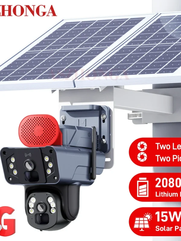 30W Solar Panel HD 4MP Security Dual Lens Camera Wireless 3G 4G SIM Card Outdoor PTZ CCTV Surveillance Camera O-KAM Pro