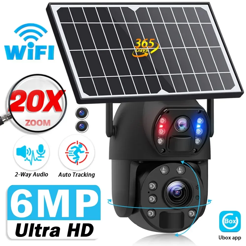 Smart WiFi Solar Surveillance Camera Outdoor Dual Lens 20X Optical Zoom Dual Screens 6MP HD Video Security IP Cameras 360 PTZ