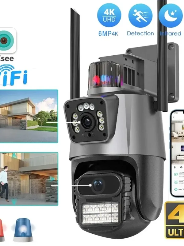 8MP 4K IP Camera Dual Lens Dual Screen PTZ Wifi Camera Outdoor Waterproof Security Video Surveillance Camera Police Light Alarm