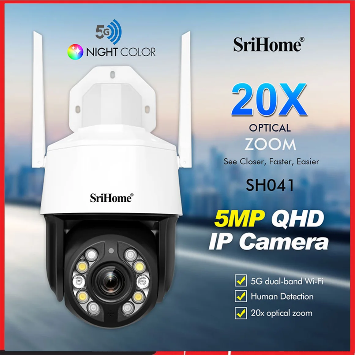 Srihome SH041 5MP UHD 2.4G&5G Dual Band 20X Zoom Outdoor Water-proof WIFI IP Dome Camera Onvif Full Color AI Humanoid Monitor
