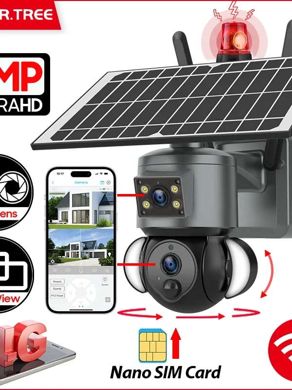 8MP 4K Dual-Lens 4G SIM Slot IP Wireless Solar panel Camera Outdoor Security Recording Humanoid Tracking surveillance PTZ Camera